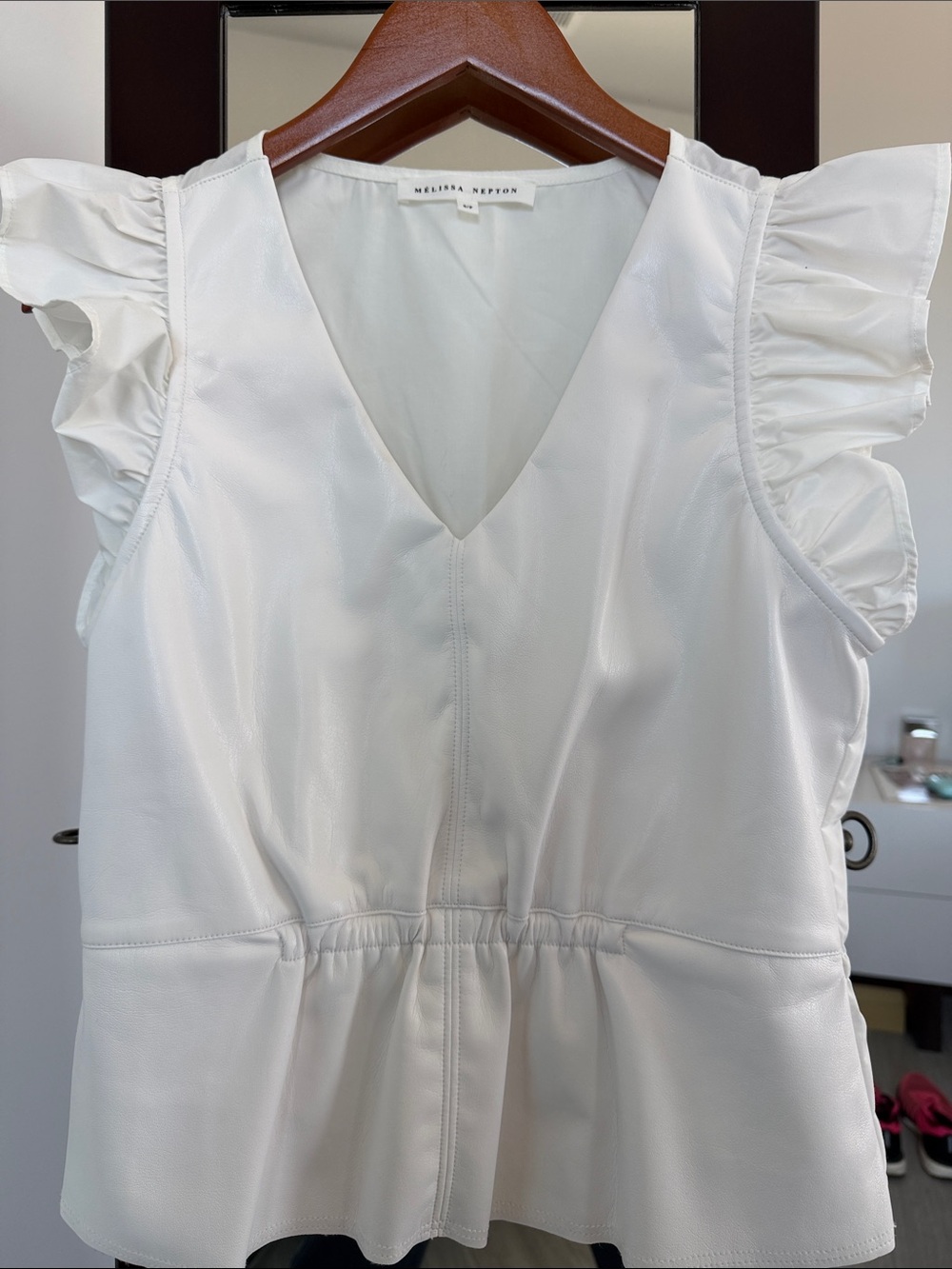MELISSA NEPTON White V-Neck Ruffle Sleeve Peplum Top